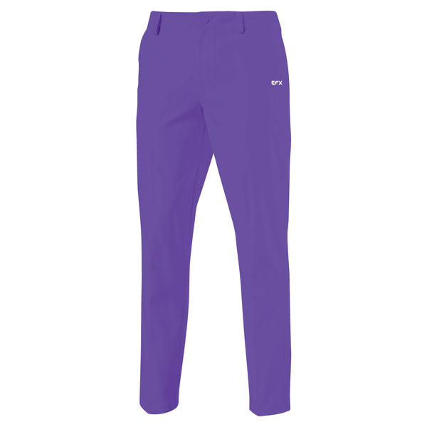 Purple bowling pants with EFX logo on back pocket, front view