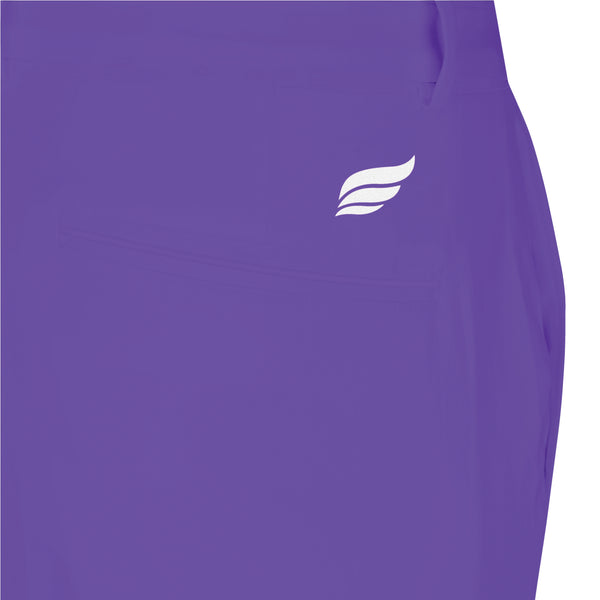 Purple bowling shorts with small white winged logo on front