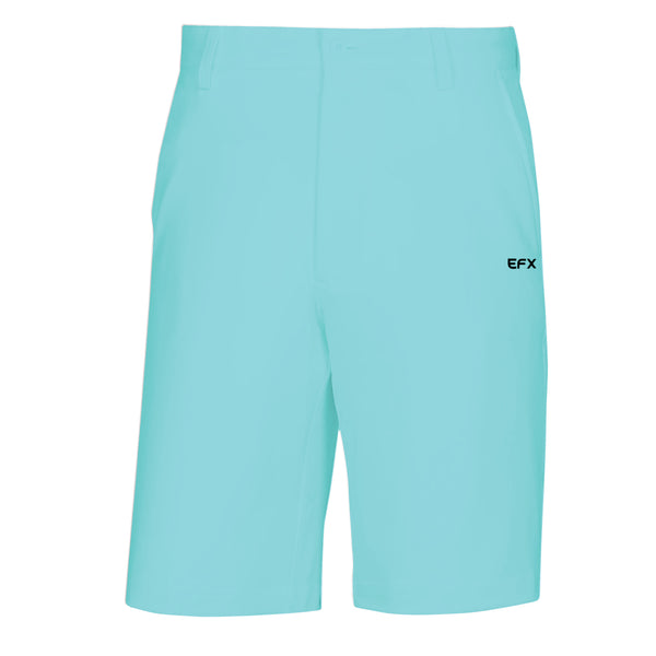 Turquoise bowling shorts with small EFX logo on right hip, front view