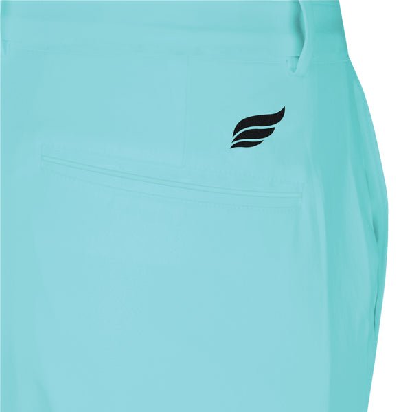 Turquoise bowling pants with small black winged logo on front pocket