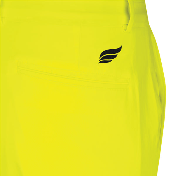 Neon yellow bowling pants with small black wing logo on front