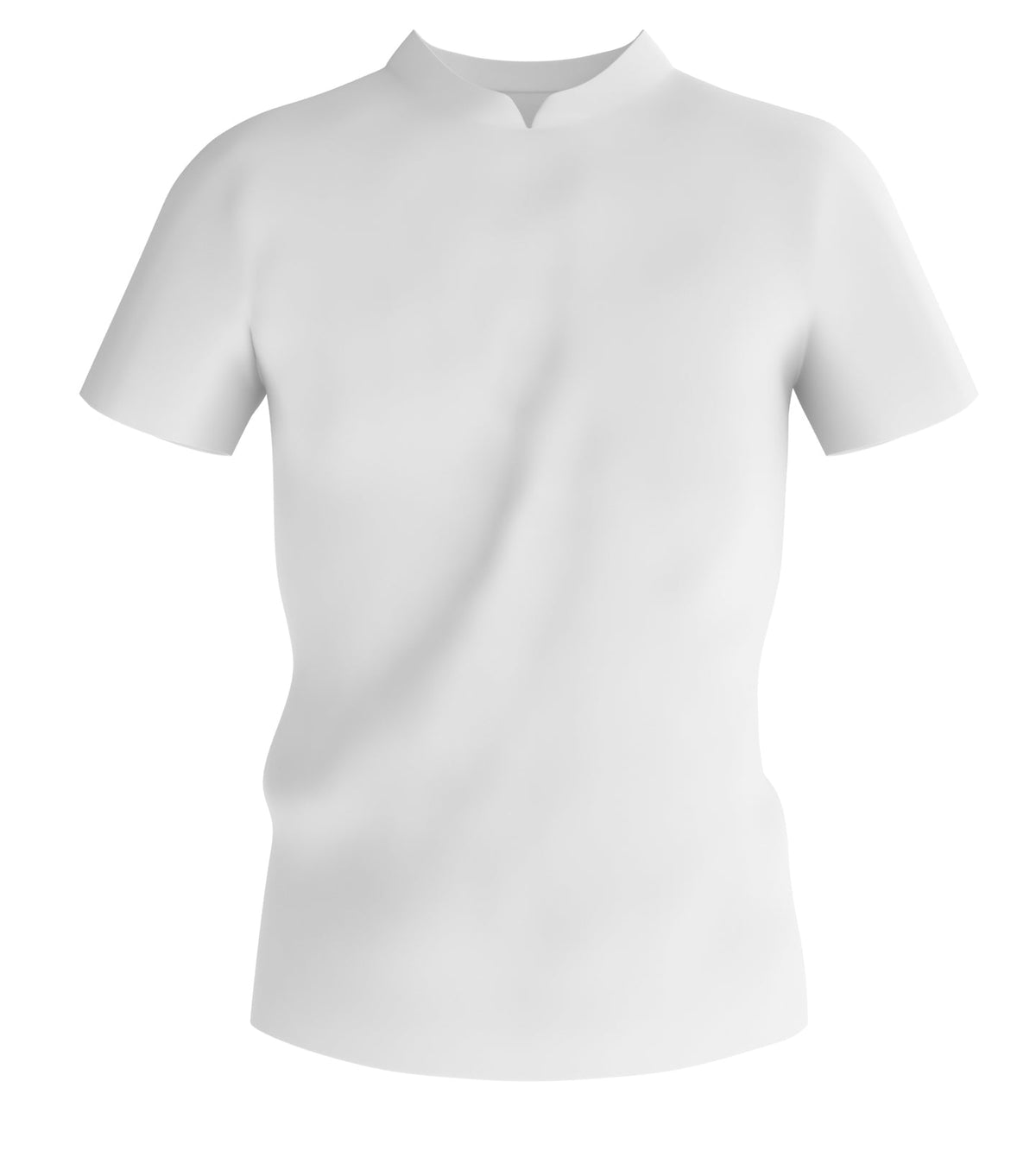 White short-sleeve bowling jersey with notched neckline, front view